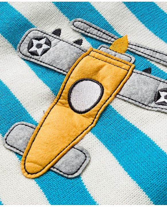 Babyhug Knitted Full Sleeves Sweater Set With Airplane Embroidery - Blue & Yellow