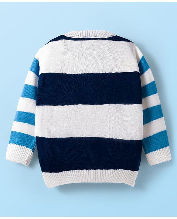 Babyhug Knit Full Sleeves Sweater Set with Stripes & Tiger Patch - White & Navy Blue