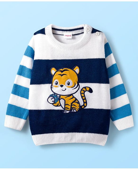 Babyhug Knit Full Sleeves Sweater Set with Stripes & Tiger Patch - White & Navy Blue