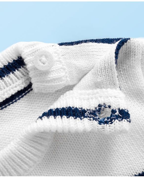 Babyhug Knit Full Sleeves Sweater Set with Stripes & Tiger Patch - White & Navy Blue