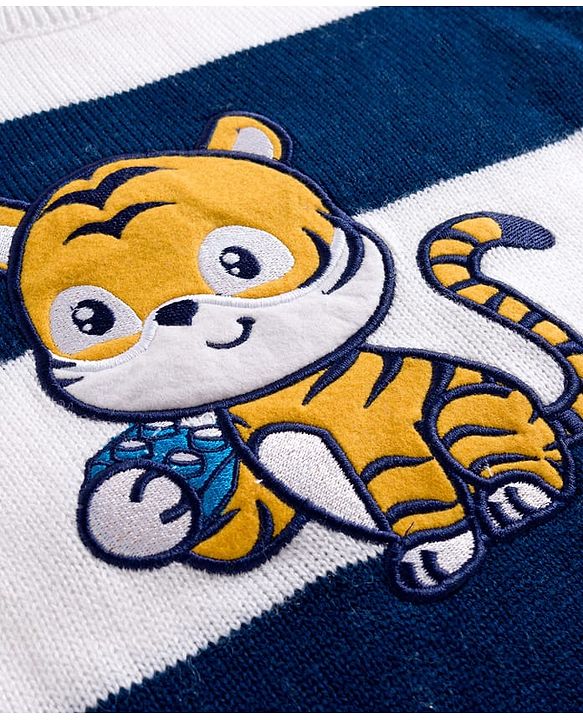 Babyhug Knit Full Sleeves Sweater Set with Stripes & Tiger Patch - White & Navy Blue
