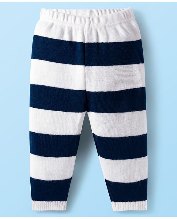 Babyhug Knit Full Sleeves Sweater Set with Stripes & Tiger Patch - White & Navy Blue