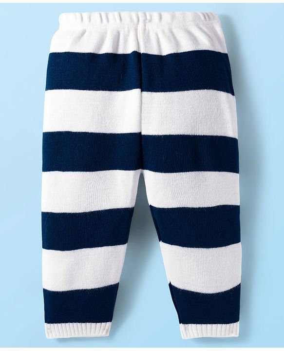 Babyhug Knit Full Sleeves Sweater Set with Stripes & Tiger Patch - White & Navy Blue