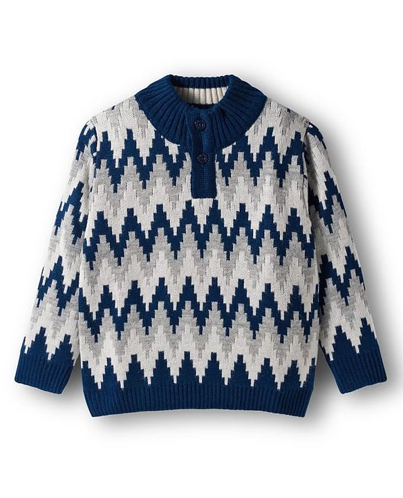 Babyhug Knit Full Sleeves Pullover with Zig Zag Design - Navy Blue
