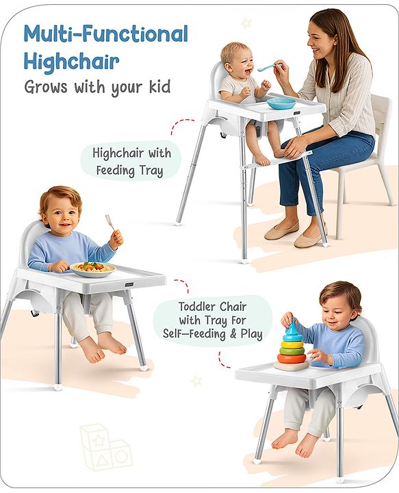 Babyhug Multi-functional Highchair & Convertible Feeding Chair | Removable Feeding Tray| Adjustable Footrest| Safety Harness| Anti-skid Base| Easy Assembly| Easy Cleaning| 6 Months to 3 Years - Blue