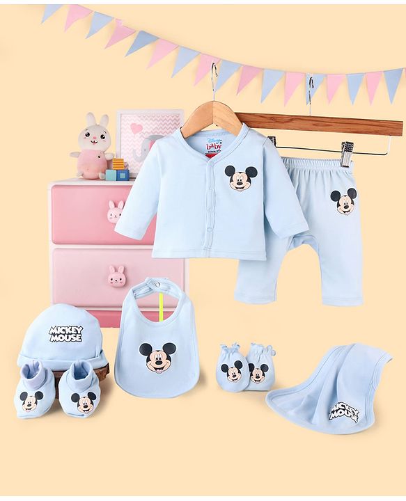 Babyhug Disney Cotton Baby Gift Set With Mickey Mouse Graphics - Light Blue
