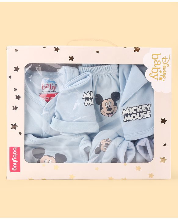 Babyhug Disney Cotton Baby Gift Set With Mickey Mouse Graphics - Light Blue