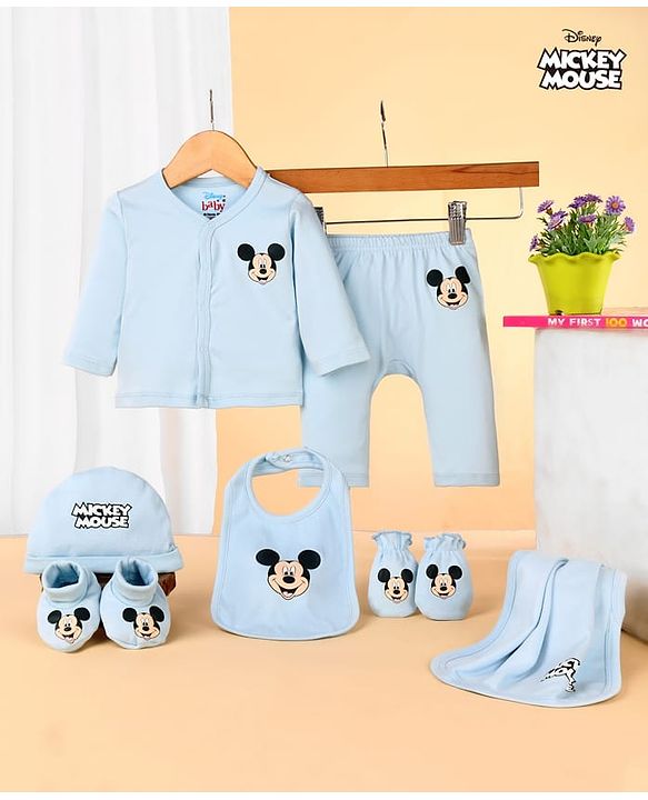 Babyhug Disney Cotton Baby Gift Set With Mickey Mouse Graphics - Light Blue