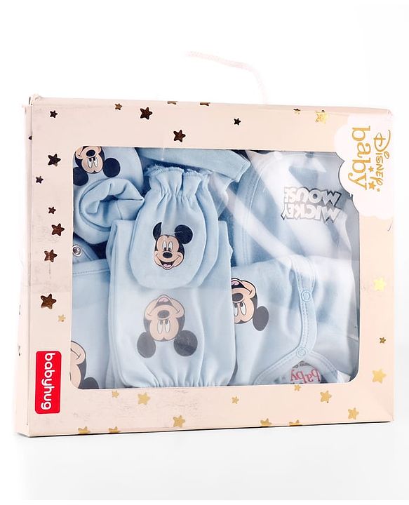 Babyhug Disney Cotton Baby Gift Set With Mickey Mouse Graphics - Light Blue