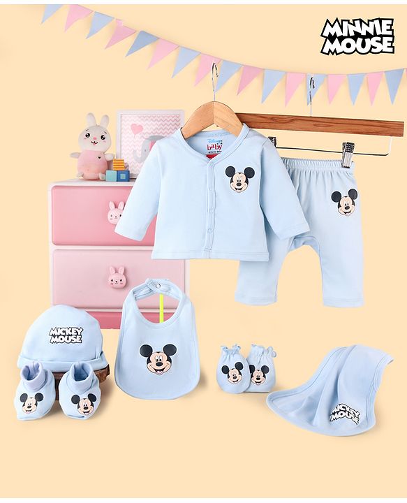Babyhug Disney Cotton Baby Gift Set With Mickey Mouse Graphics - Light Blue