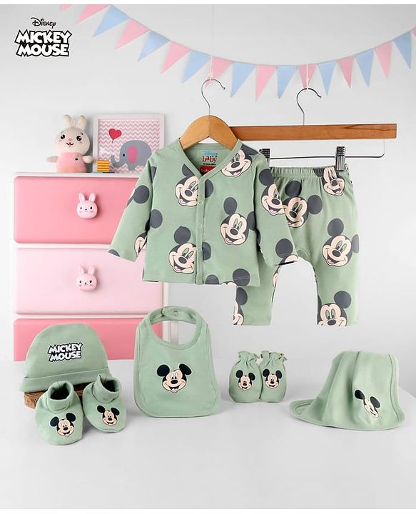 Babyhug Disney Interlock Cotton Baby Clothing Gift Set with Mickey Graphic- Light Green