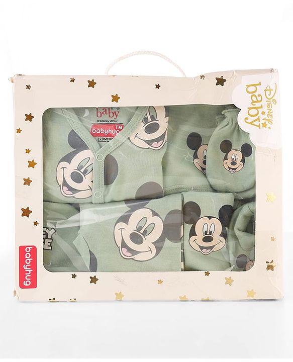 Babyhug Disney Interlock Cotton Baby Clothing Gift Set with Mickey Graphic- Light Green