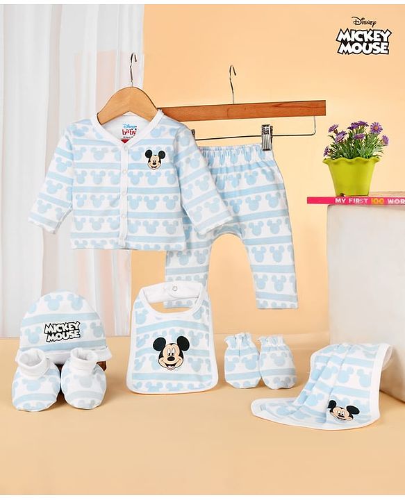 Babyhug Disney Cotton Baby Clothing Gift Set with Mickey Graphic - Light Blue