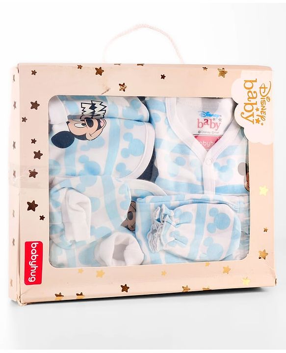 Babyhug Disney Cotton Baby Clothing Gift Set with Mickey Graphic - Light Blue