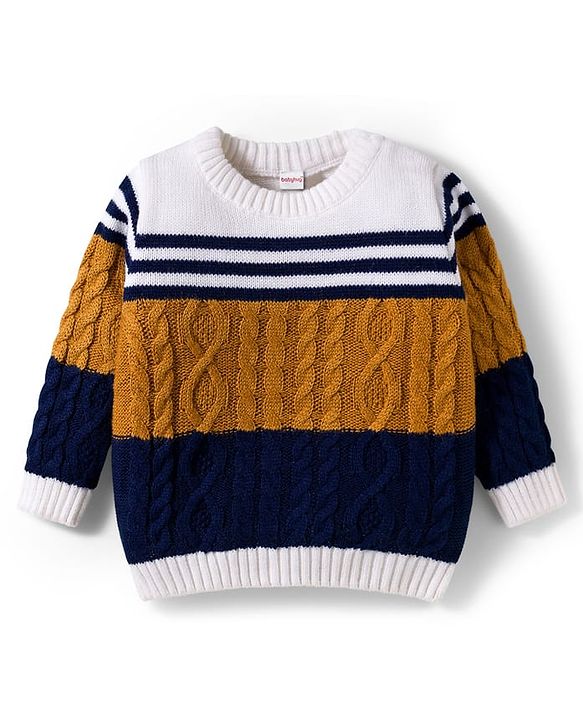 Babyhug Knit Full Sleeves Pullover Sweater with Color Block & Cable Knit Design - Mustard Navy Blue & White