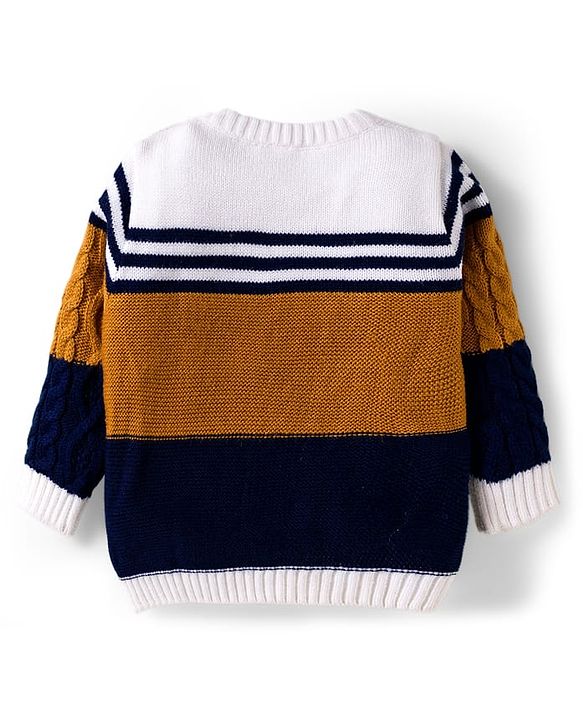 Babyhug Knit Full Sleeves Pullover Sweater with Color Block & Cable Knit Design - Mustard Navy Blue & White