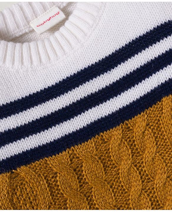 Babyhug Knit Full Sleeves Pullover Sweater with Color Block & Cable Knit Design - Mustard Navy Blue & White