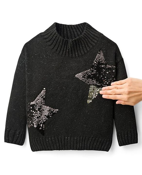Babyhug Knitted Full Sleeves Pullover Sweater With Reversible Sequins - Black