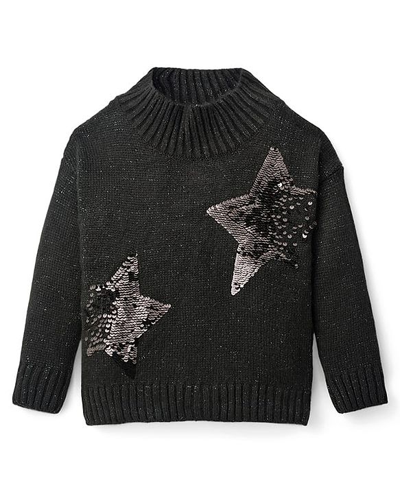 Babyhug Knitted Full Sleeves Pullover Sweater With Reversible Sequins - Black