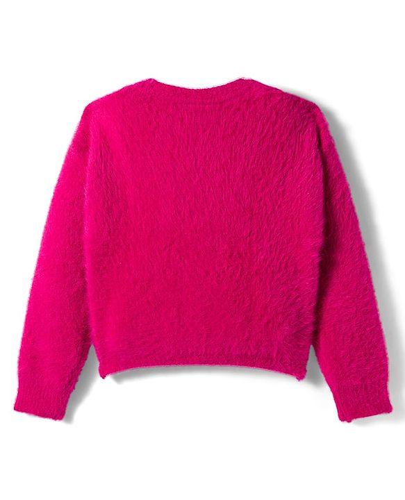 Babyhug Knit Full Sleeves Extra Soft Hairy Yarn Drop Shoulder Silhouette Pullover Sweater with Sequin Star Design - Fuchsia