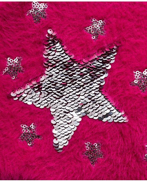 Babyhug Knit Full Sleeves Extra Soft Hairy Yarn Drop Shoulder Silhouette Pullover Sweater with Sequin Star Design - Fuchsia