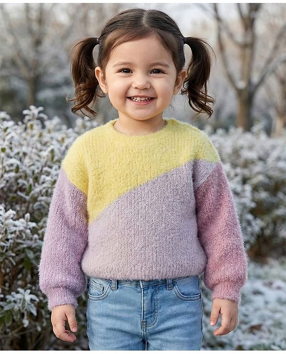 Babyhug Knit Full Sleeves Extra Soft Hairy Yarn Drop Shoulder Silhouette Pullover Sweater with Color Block Design - Lilac