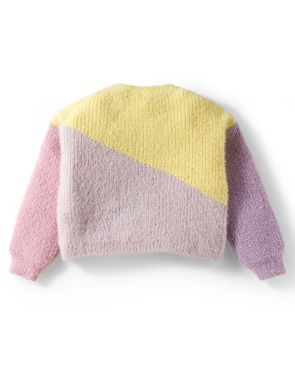 Babyhug Knit Full Sleeves Extra Soft Hairy Yarn Drop Shoulder Silhouette Pullover Sweater with Color Block Design - Lilac