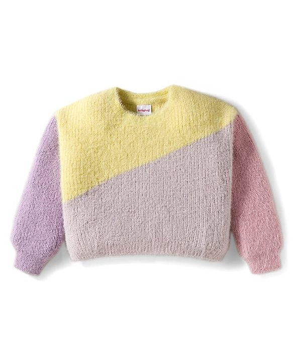 Babyhug Knit Full Sleeves Extra Soft Hairy Yarn Drop Shoulder Silhouette Pullover Sweater with Color Block Design - Lilac