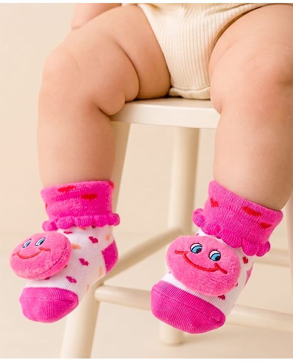 Cute Walk by Babyhug Slip On Sock Shoes with Smiley Applique - Fuchsia