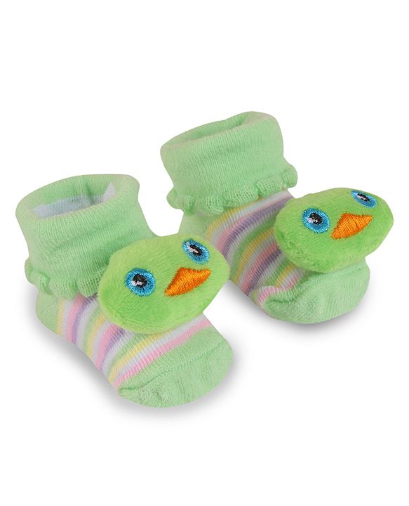 Cute Walk by Babyhug Slip On Socks Shoes with Stripes & Duck Applique - Light Green
