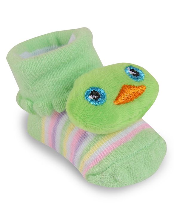 Cute Walk by Babyhug Slip On Socks Shoes with Stripes & Duck Applique - Light Green