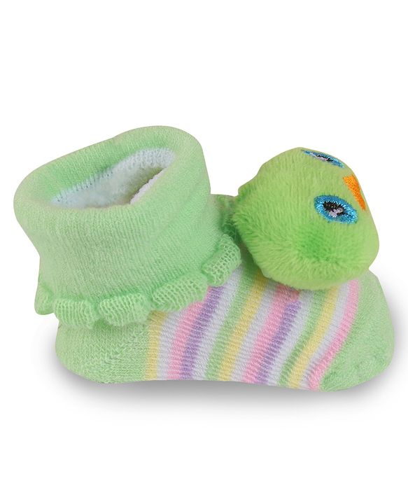 Cute Walk by Babyhug Slip On Socks Shoes with Stripes & Duck Applique - Light Green