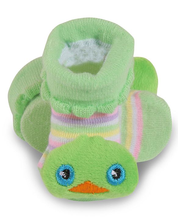 Cute Walk by Babyhug Slip On Socks Shoes with Stripes & Duck Applique - Light Green