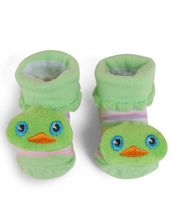 Cute Walk by Babyhug Slip On Socks Shoes with Stripes & Duck Applique - Light Green