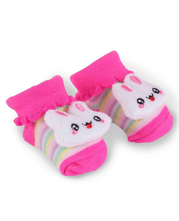 Cute Walk by Babyhug Slip On Socks Shoes with Stripes & Bunny Applique - Dark Pink