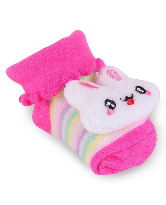 Cute Walk by Babyhug Slip On Socks Shoes with Stripes & Bunny Applique - Dark Pink