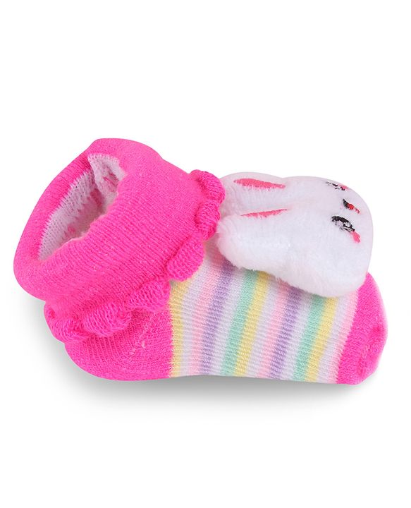 Cute Walk by Babyhug Slip On Socks Shoes with Stripes & Bunny Applique - Dark Pink