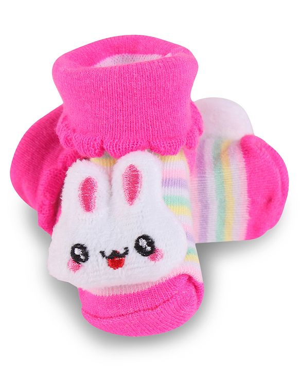 Cute Walk by Babyhug Slip On Socks Shoes with Stripes & Bunny Applique - Dark Pink