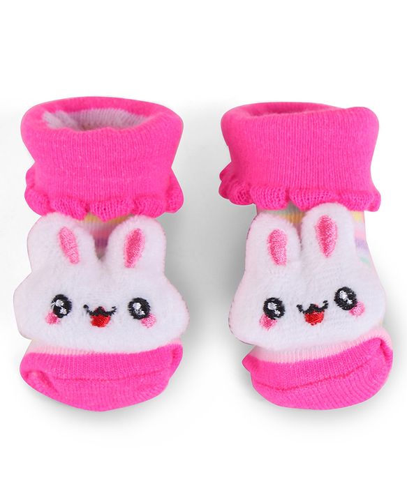Cute Walk by Babyhug Slip On Socks Shoes with Stripes & Bunny Applique - Dark Pink