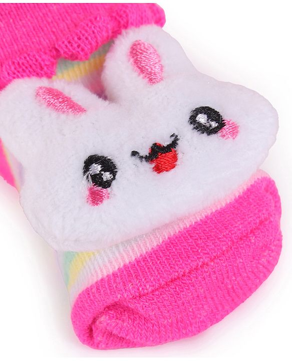 Cute Walk by Babyhug Slip On Socks Shoes with Stripes & Bunny Applique - Dark Pink