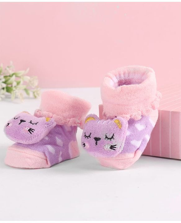 Cute Walk by Babyhug Socks With Heart Design & Cat Face Applique - Purple