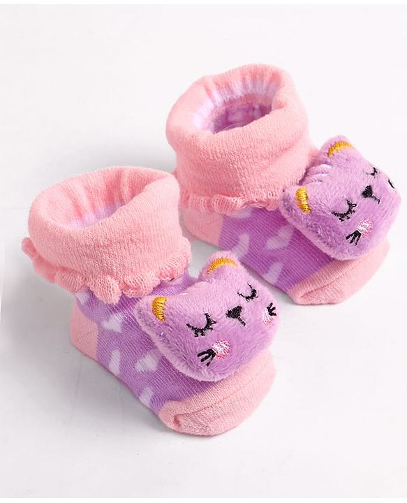 Cute Walk by Babyhug Socks With Heart Design & Cat Face Applique - Purple