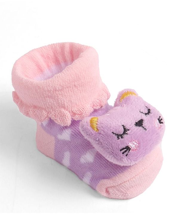 Cute Walk by Babyhug Socks With Heart Design & Cat Face Applique - Purple