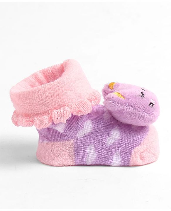 Cute Walk by Babyhug Socks With Heart Design & Cat Face Applique - Purple