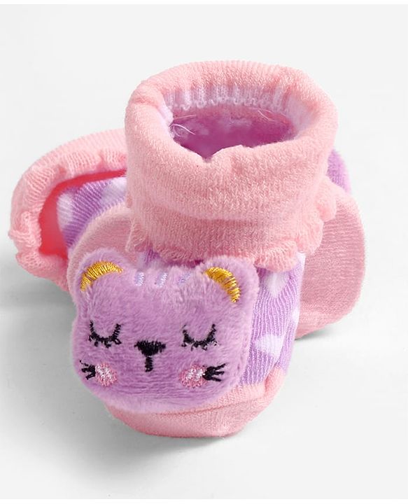 Cute Walk by Babyhug Socks With Heart Design & Cat Face Applique - Purple
