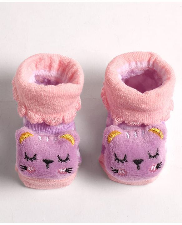 Cute Walk by Babyhug Socks With Heart Design & Cat Face Applique - Purple