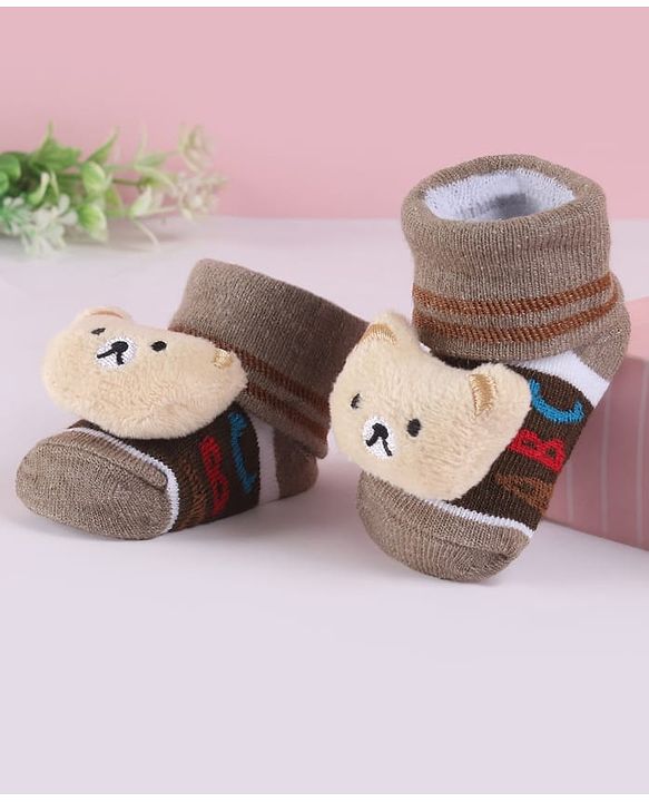Cute Walk by Babyhug Slip On Sock Shoes with Bear Applique - Brown