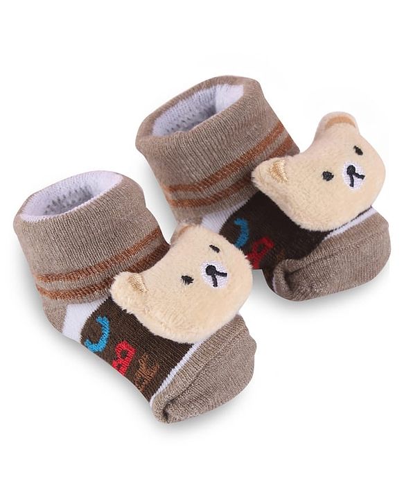 Cute Walk by Babyhug Slip On Sock Shoes with Bear Applique - Brown
