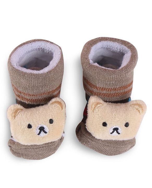 Cute Walk by Babyhug Slip On Sock Shoes with Bear Applique - Brown