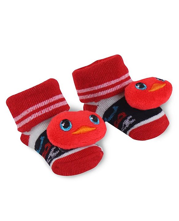 Cute Walk by Babyhug Fabric Slip On Socks Shoes with Duck Applique - Red & Black
